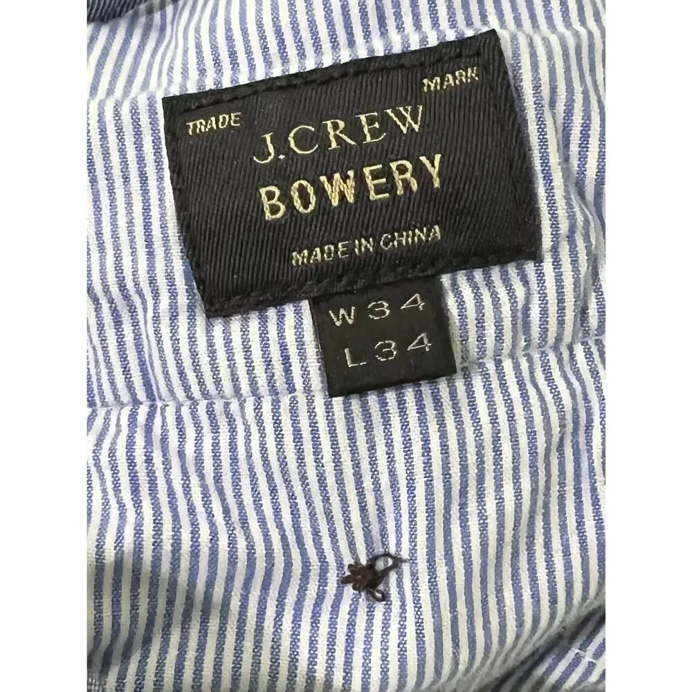 J.Crew Men's Chino Pants Bowery Blue White Ticking Stripe Linen Cotton Sz 34x34